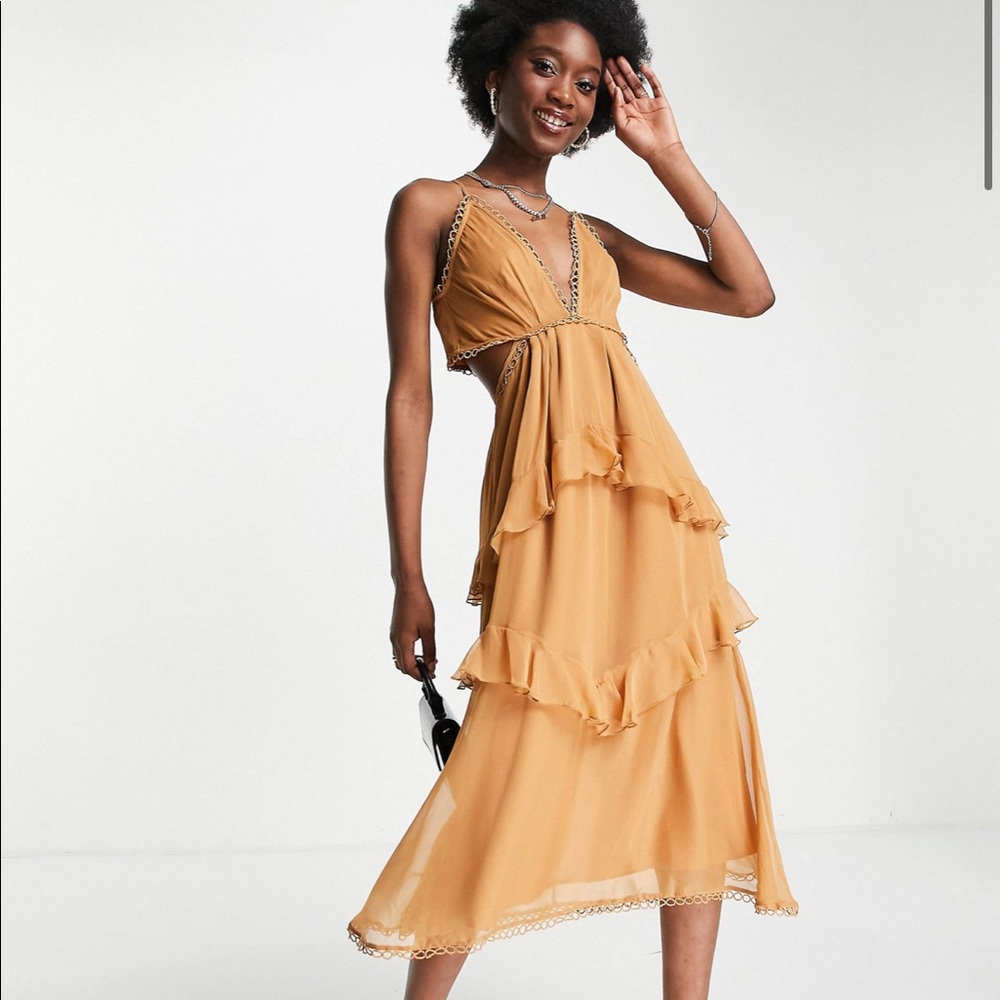 ASOS DESIGN cami midi dress with open back and circle trim in taupe
